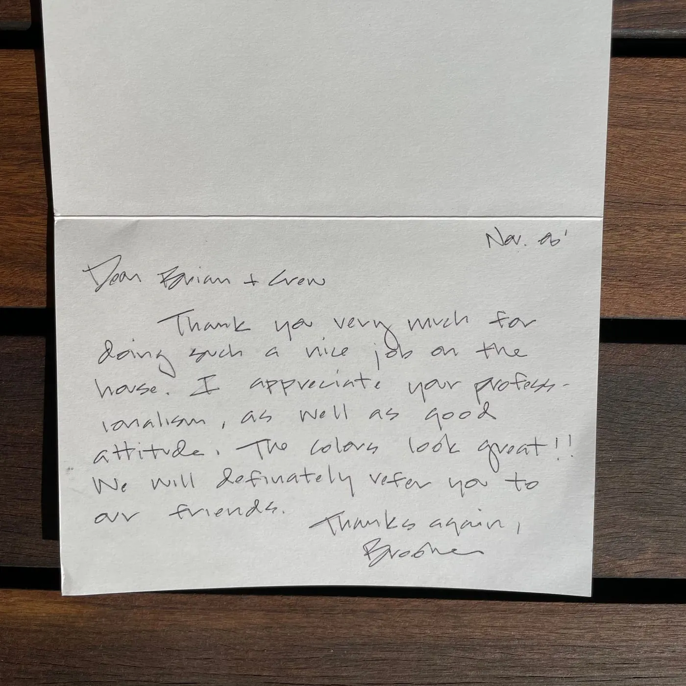 Handwritten note from a customer thanking Brian and the Tara Pro crew for a nice job on the house and great colors