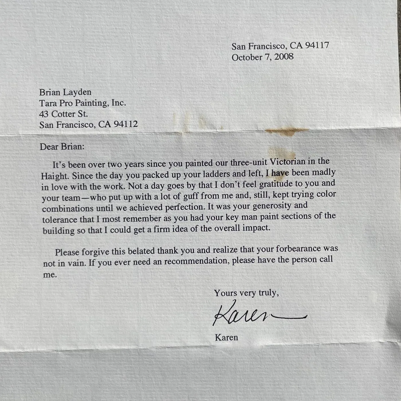 Typed thank-you letter from a customer about her three-unit Victorian in the Haight painted by Tara Pro